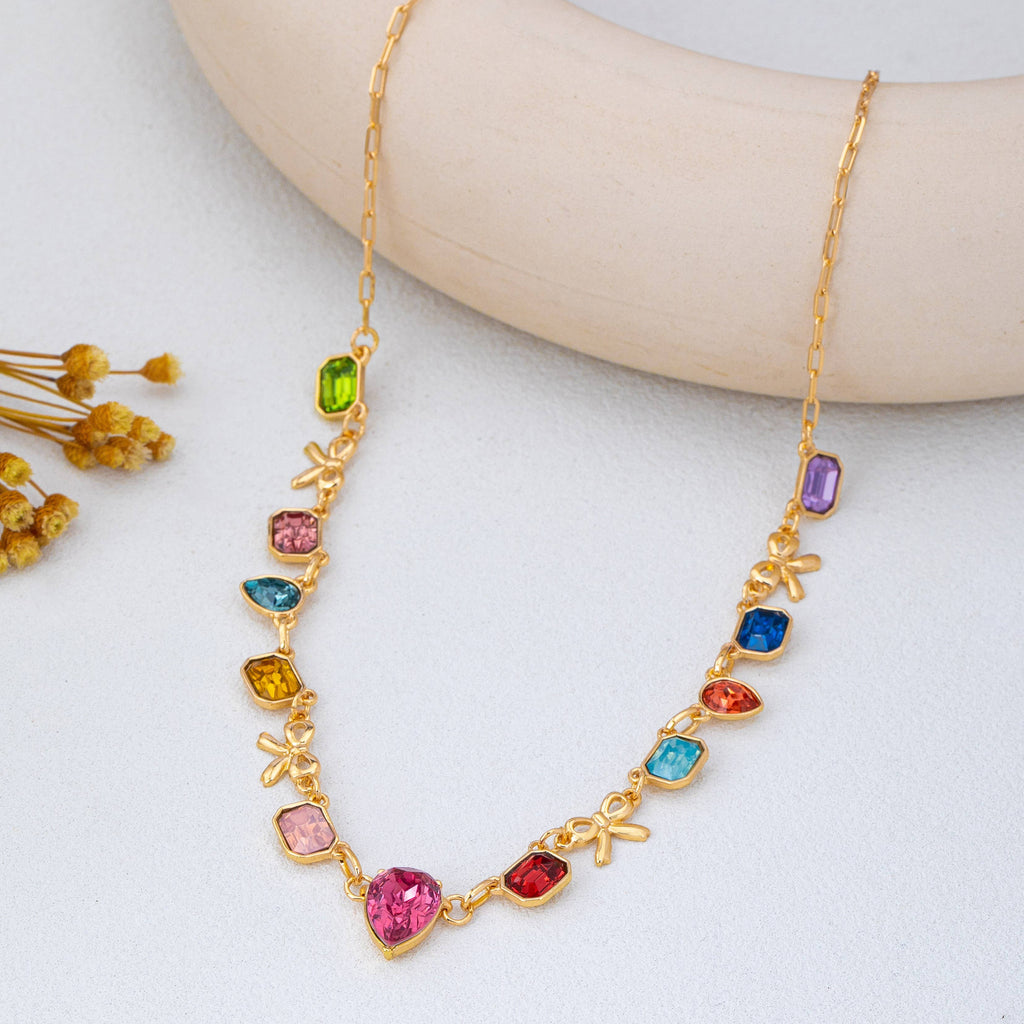 Multi color Teardrop Square Crystal Bow Necklace | 80N93253