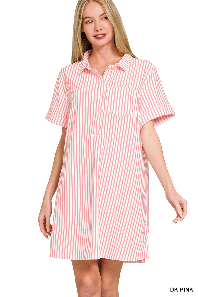 0210 Stripe Collared Half Button Up T-Shirt Dress SI-29476
