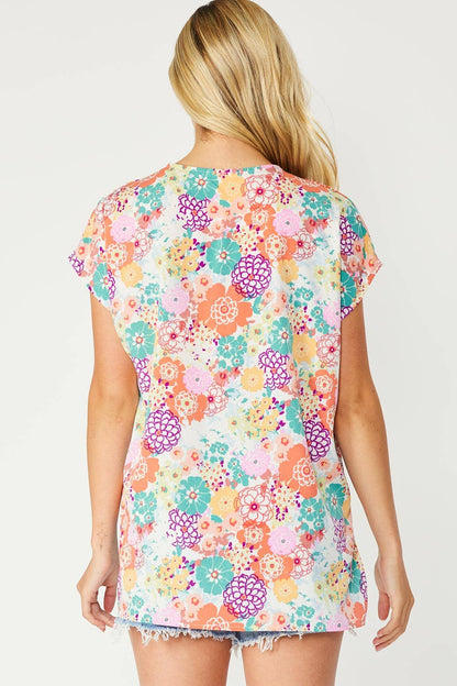 ST3611-E - FLORAL PRINT HI-LOW V NECK RELAXED FIT TOP