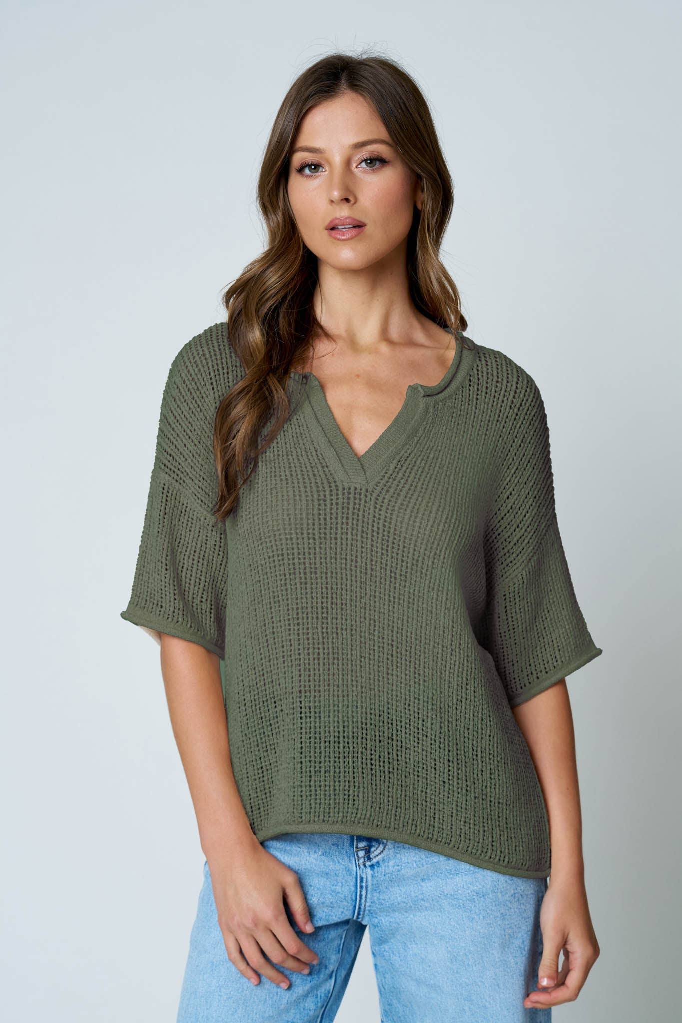 SPLIT NECK SHORT SLEEVE SHEER CROCHET KNIT TOP (PRE-ORDER)