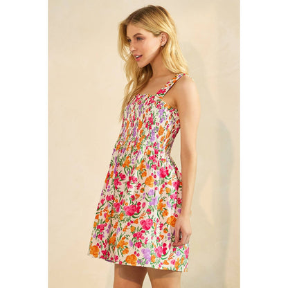 FLOWER PRINT SMOCKED SLEEVELESS MINI DRESS