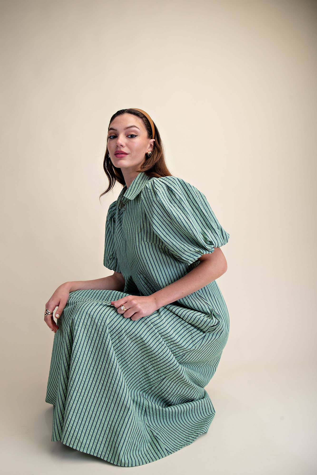 Collar V-Neck Puff Sleeve Stripe Pleated Midi Dress