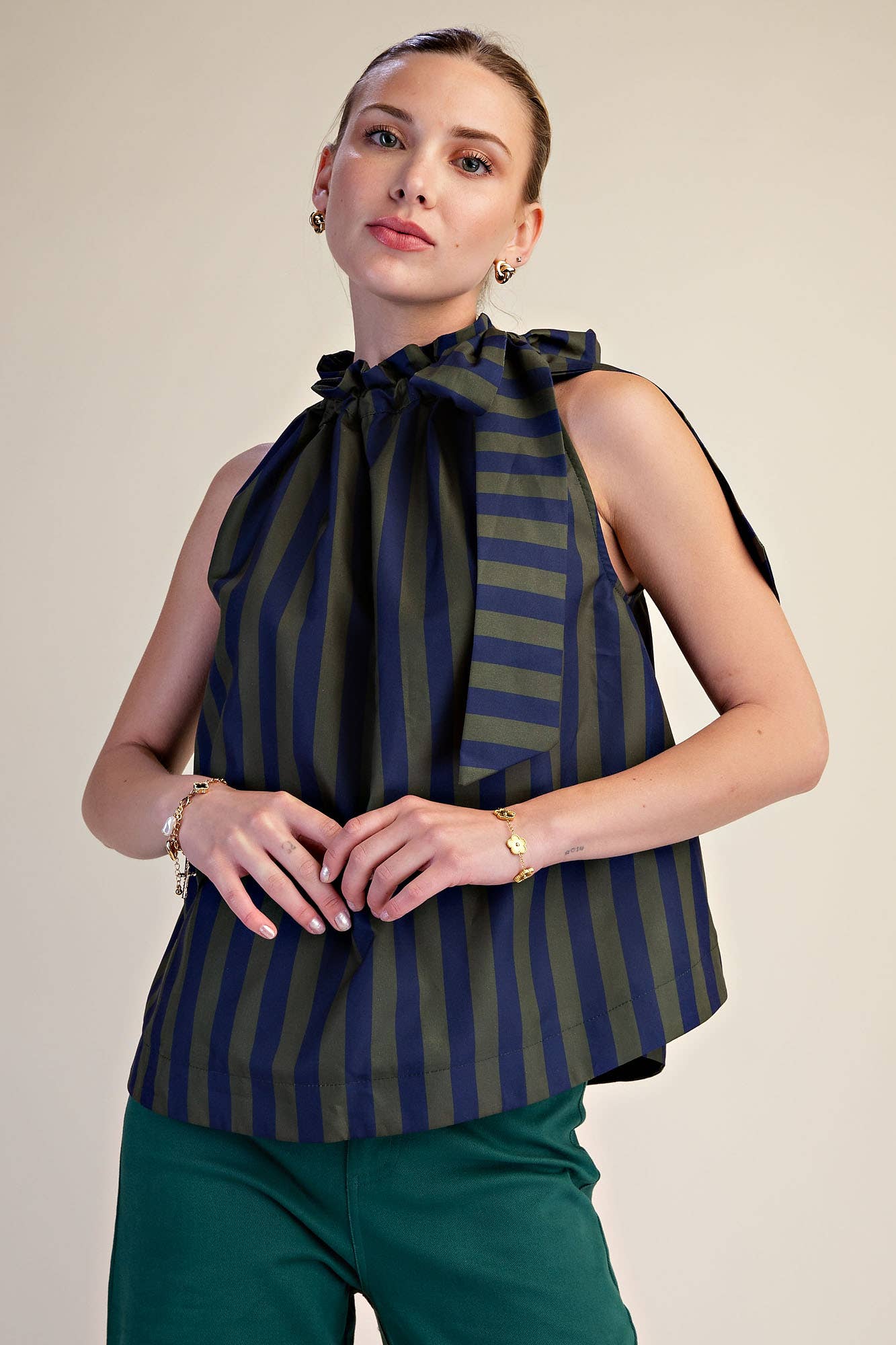 Ruffle Neck Tie Sleeveless Stripe Top