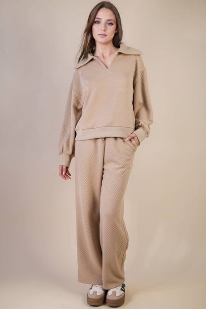 NT12404SET-Textured Knit Casual Comfy Top & Pants Set