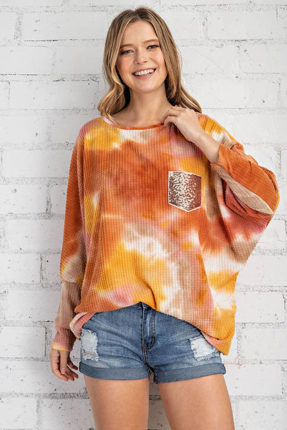 ST2256 - TIE DYE PRINTED LONG SLEEVE WAFFLE DOLMAN TOP