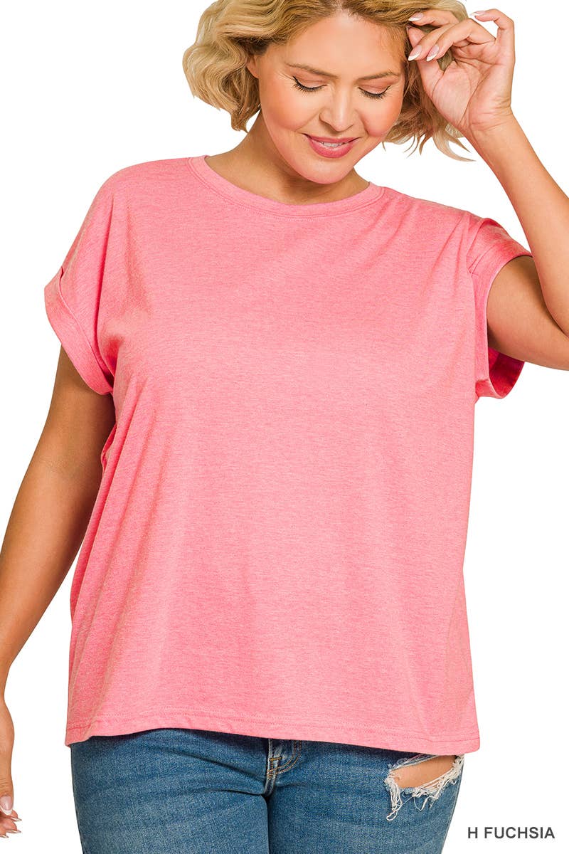 Plus Round Neck Folded Short Sleeve T Shirt - Zenana