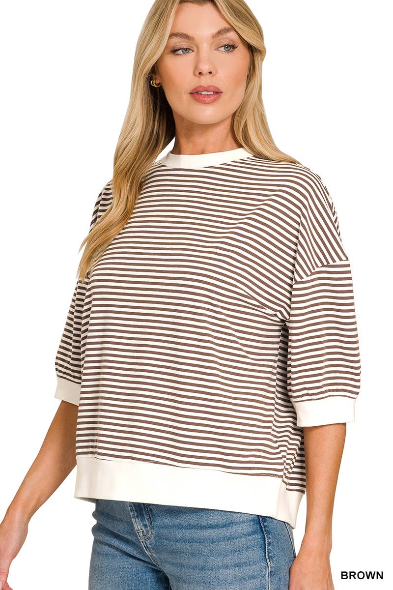 Striped Contrast Trim Banded Bottom Top - Zenana