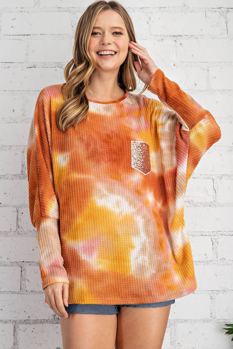ST2256 - TIE DYE PRINTED LONG SLEEVE WAFFLE DOLMAN TOP