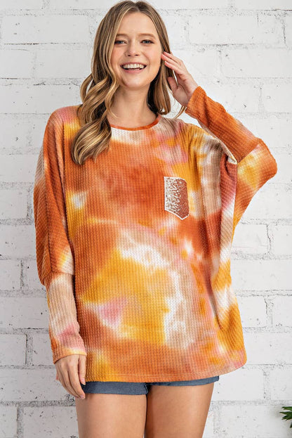 ST2256 - TIE DYE PRINTED LONG SLEEVE WAFFLE DOLMAN TOP