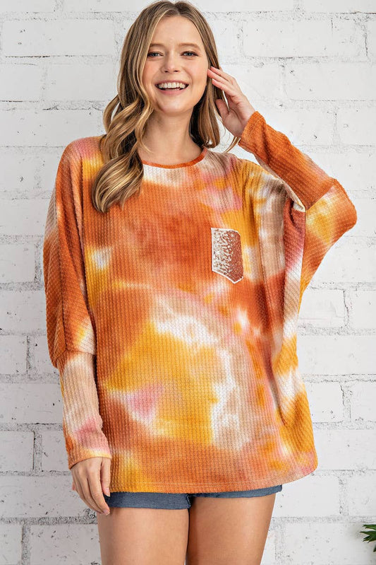 ST2256 - TIE DYE PRINTED LONG SLEEVE WAFFLE DOLMAN TOP