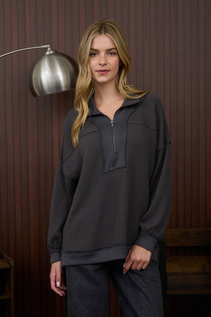 HALF ZIP COLLARED LONG SLEEVE WAFFLE KNIT TOP