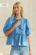 Plus Solid Cotton Poplin Front Tie Ribbon Blouse: Denim Blue / 3XL