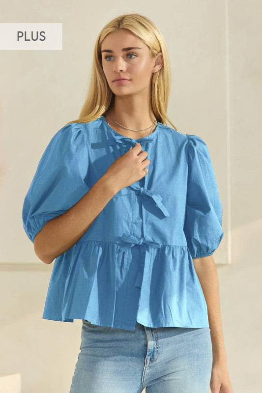 Plus Solid Cotton Poplin Front Tie Ribbon Blouse: Denim Blue / XL