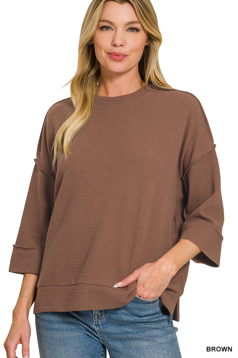 Double Knit 3/4 Sleeve Top w/ Exposed Seams - Zenana