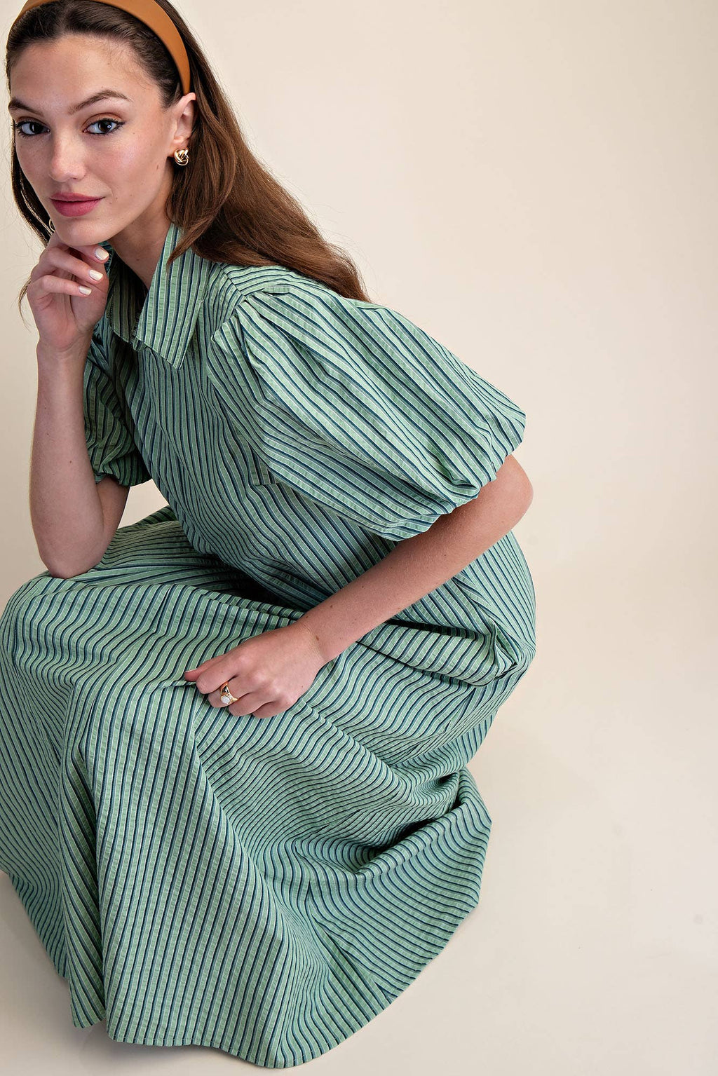 Collar V-Neck Puff Sleeve Stripe Pleated Midi Dress