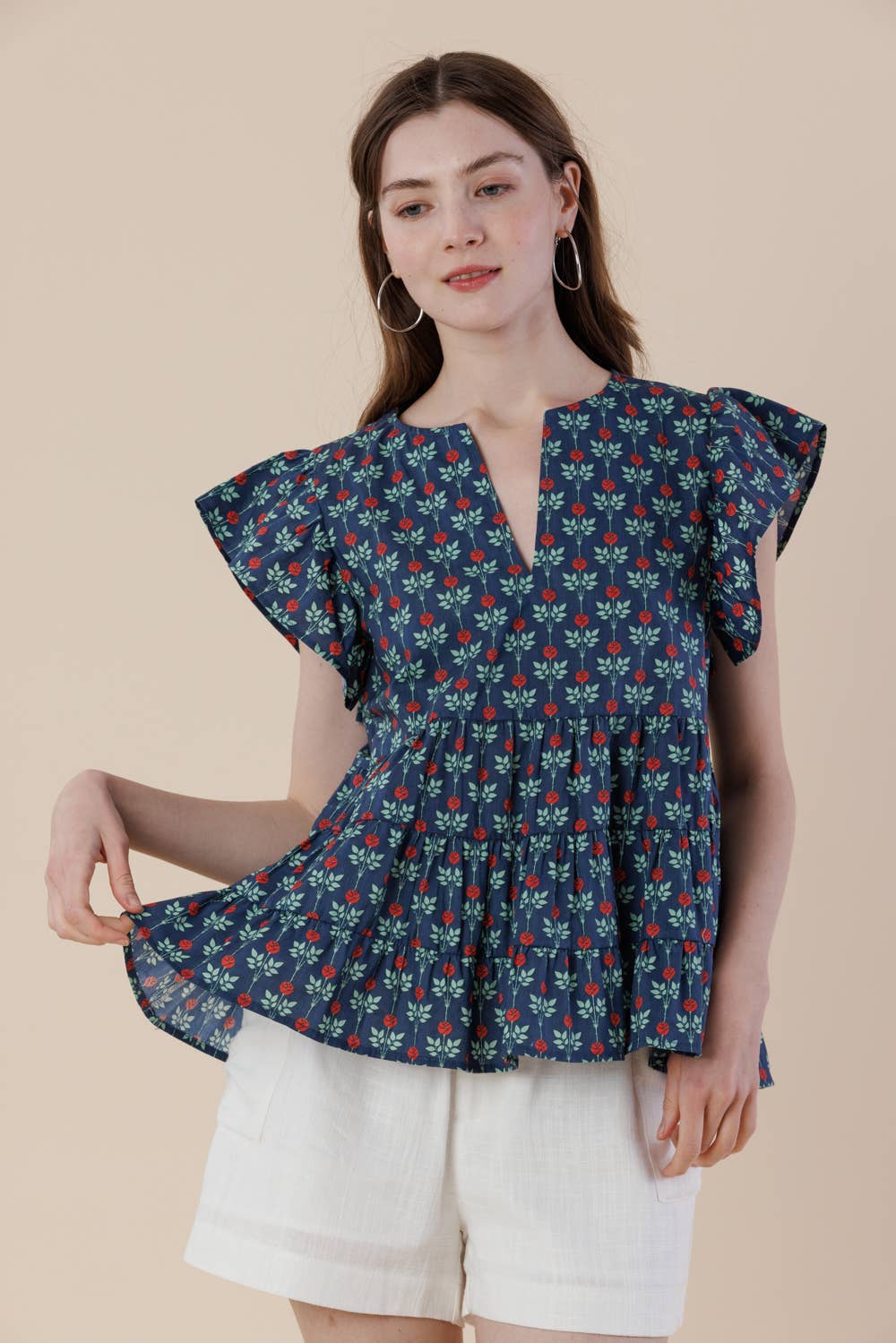 Floral Flutter Sleeve Tiered Blouse with Split Neck