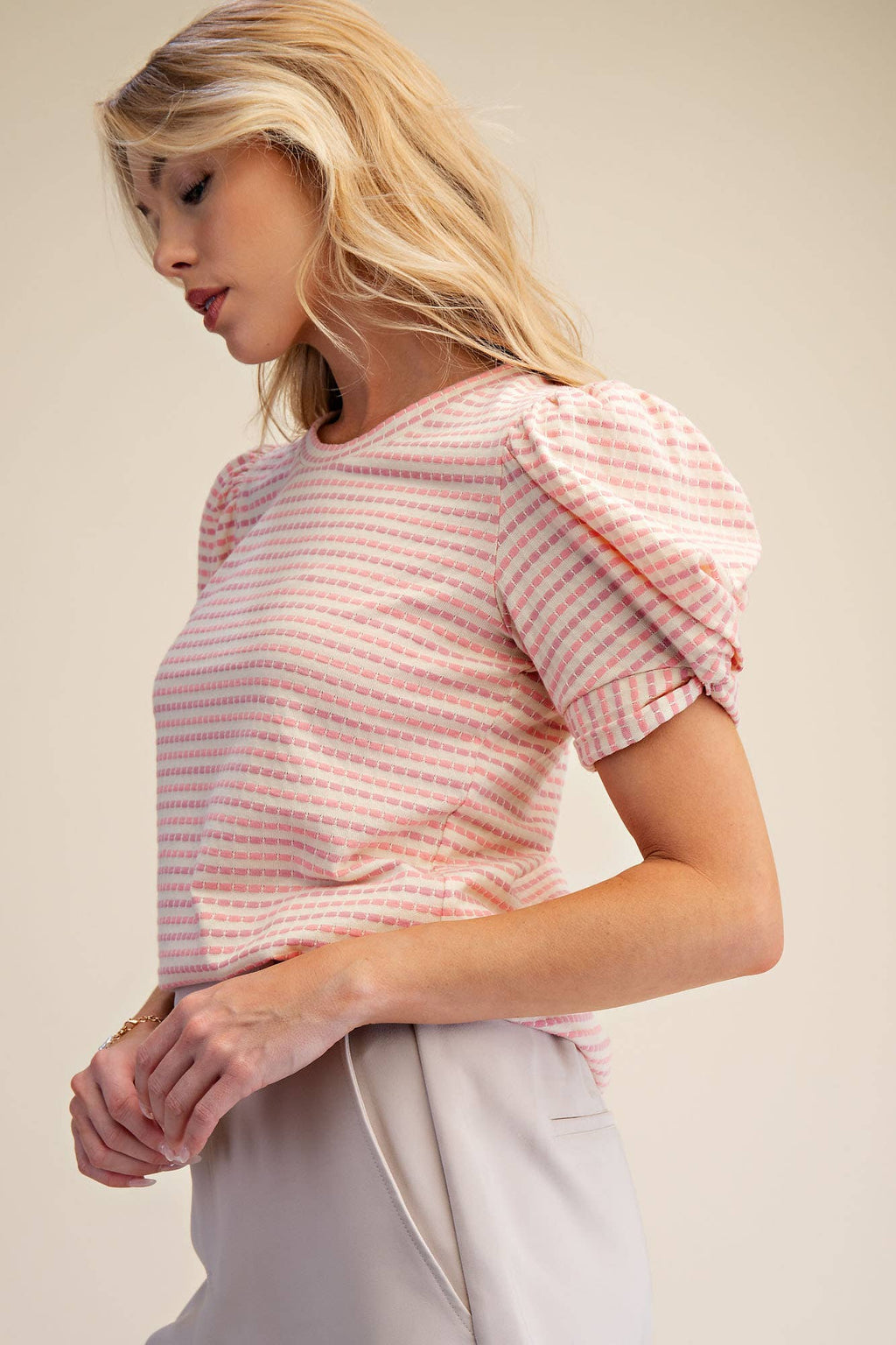 Round Neck Puff Sleeve Stripe Top