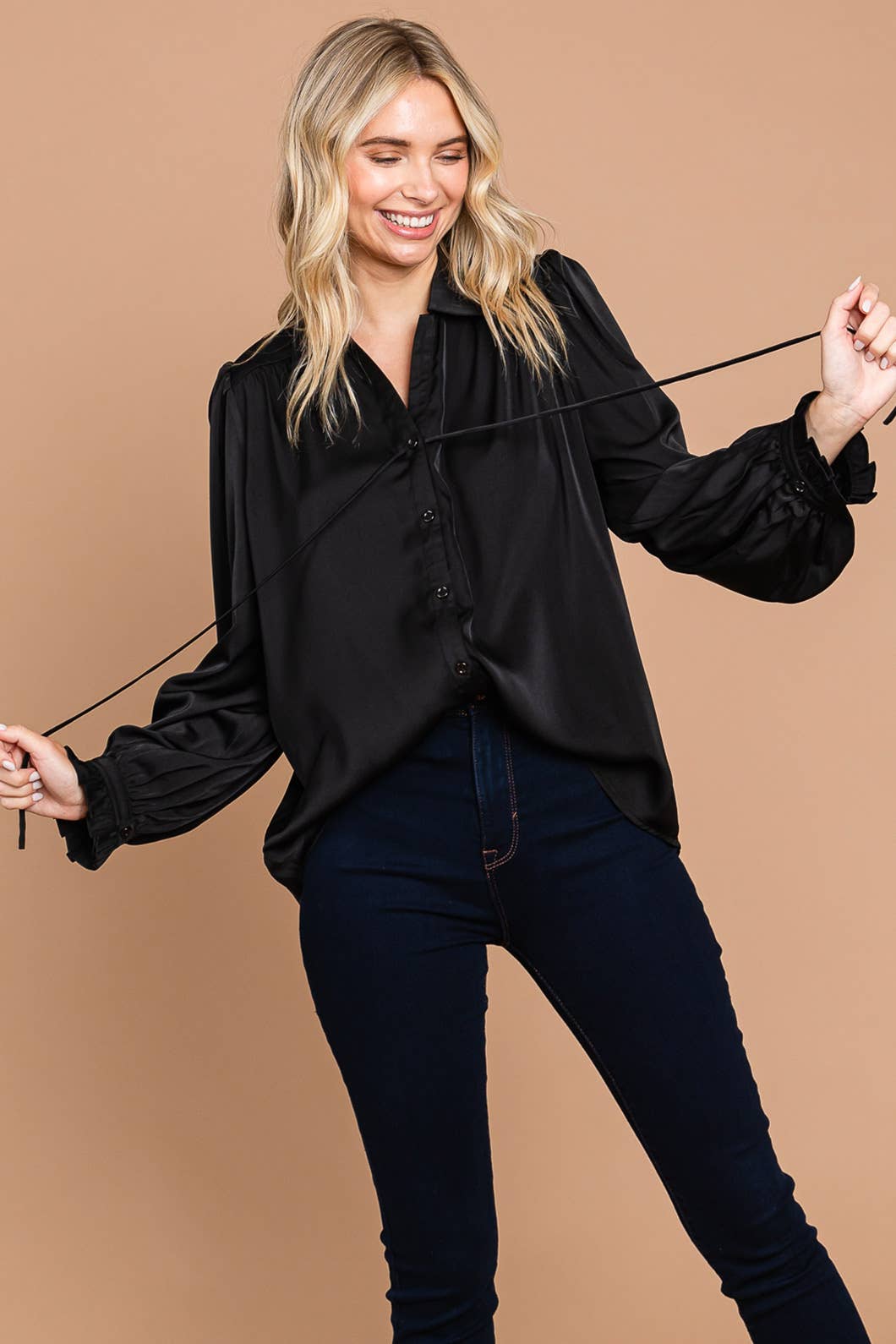64669W-Soft Satin Button Down Front Shirts