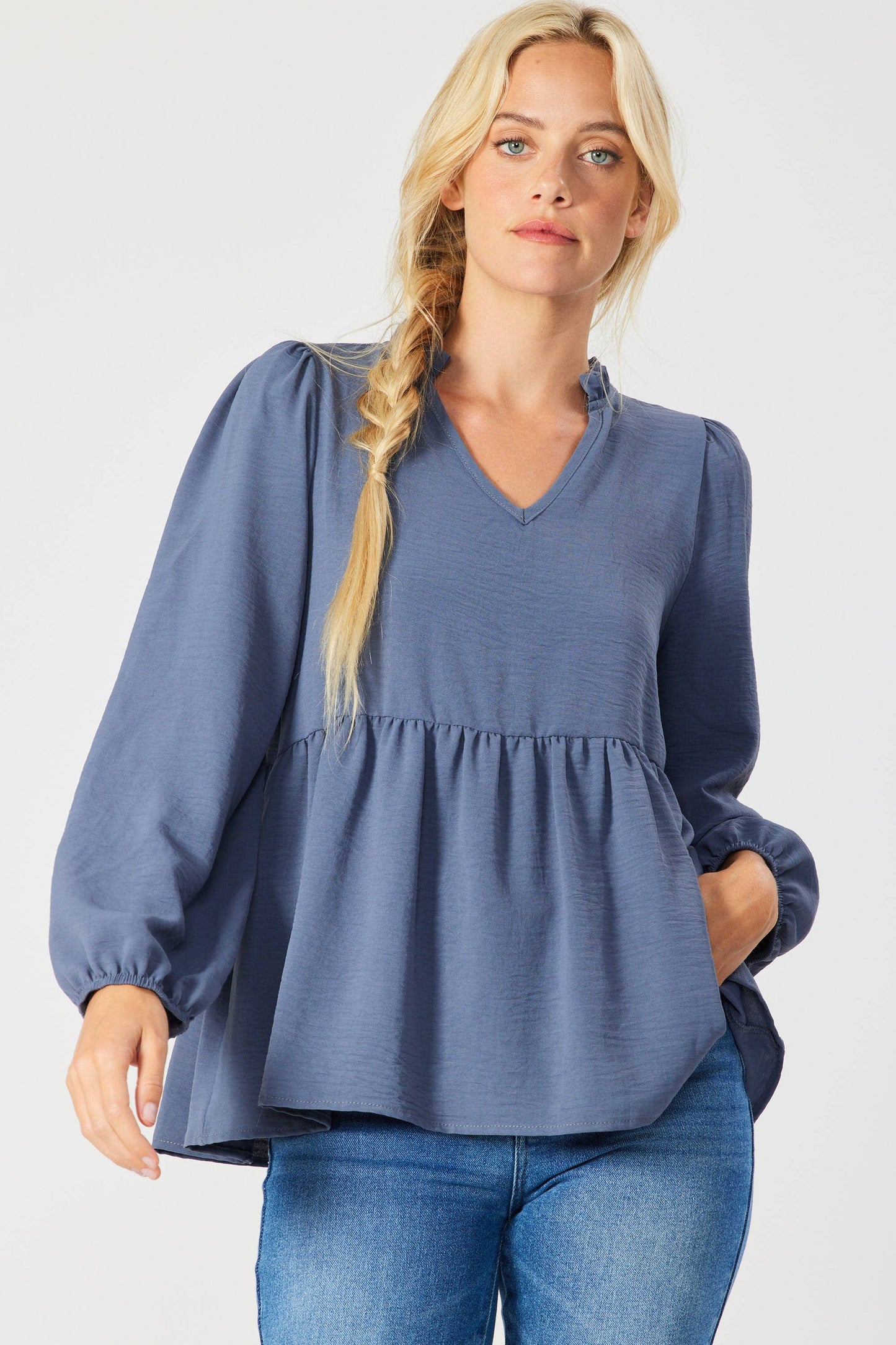 ST3073-A - SOLID LONG SLEEVE PEPLUM  TOP WITH RUFFLE COLLAR