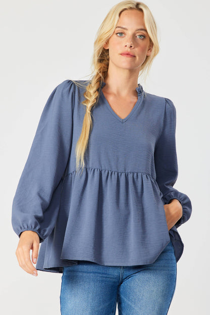 ST3073-A - SOLID LONG SLEEVE PEPLUM  TOP WITH RUFFLE COLLAR