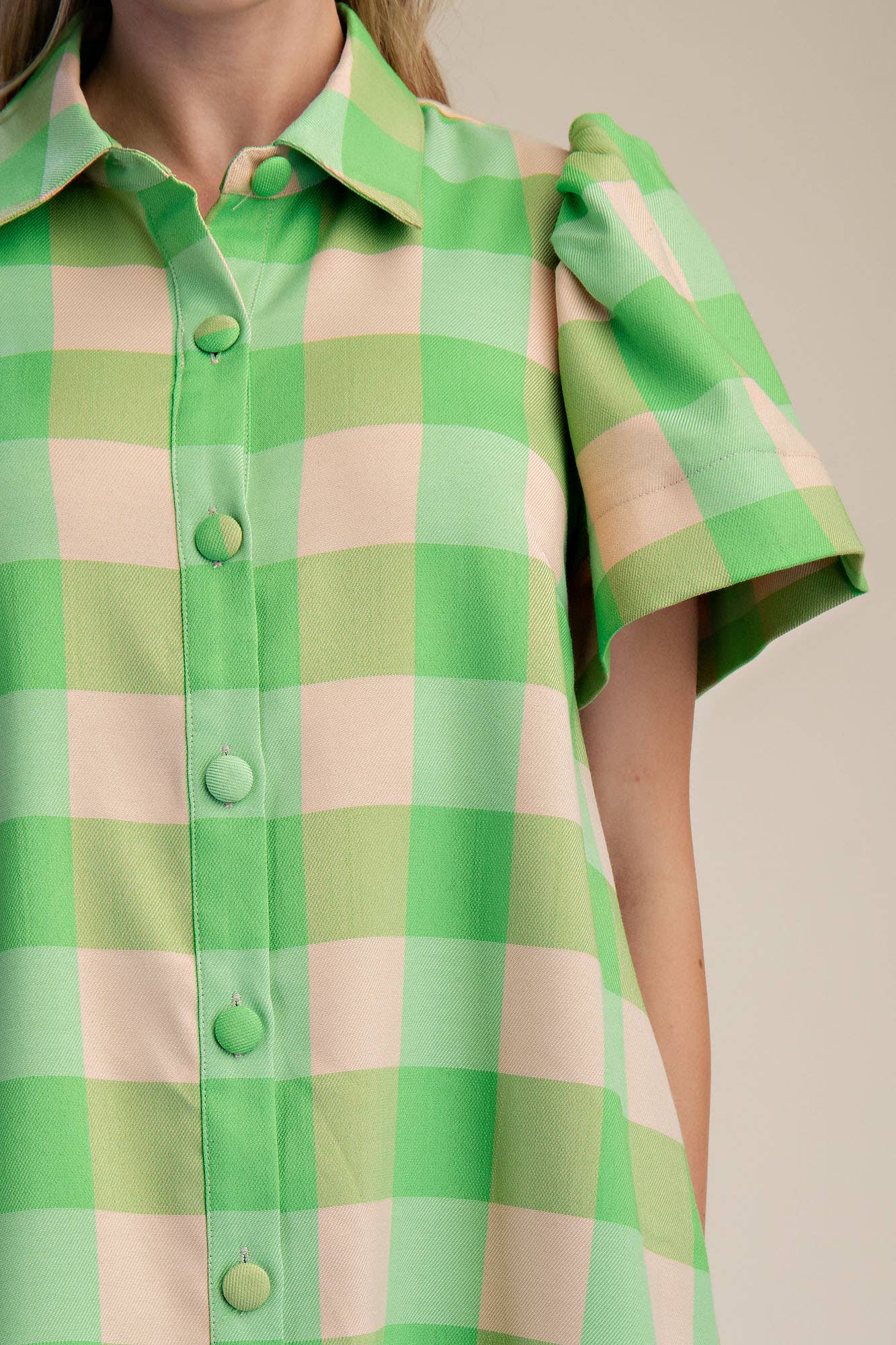 Checkered Mini Dress With Collar Neck Covered Button Down