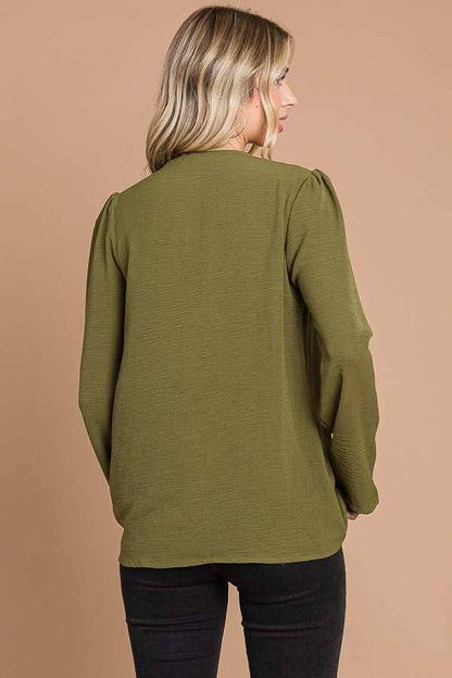 CWT1862L - RUCHING YOKE DETAIL BELL SLEEVE TOP