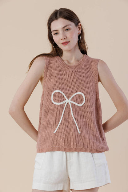 Embroidery Ribbon Knit Sweater Tank – Sleeveless Bow Vest