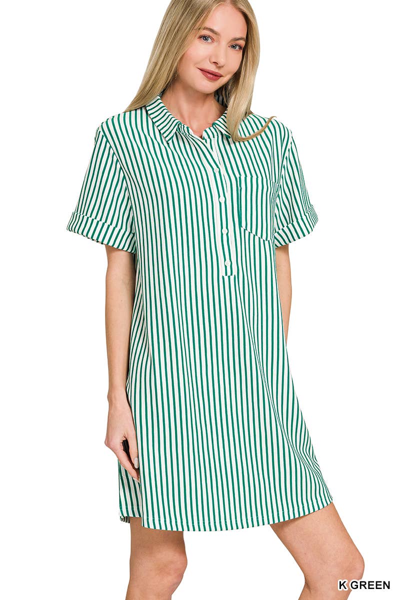 0210 Stripe Collared Half Button Up T-Shirt Dress SI-29476
