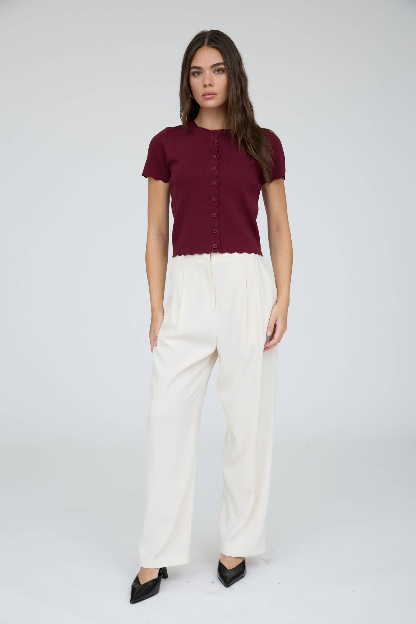 SCALLOPED SHORT SLEEVE BUTTON DOWN KNIT CARDIGAN