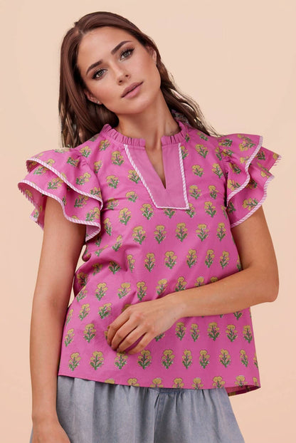 NT12444-Ruffle Sleeve Printed Woven Blouse Top