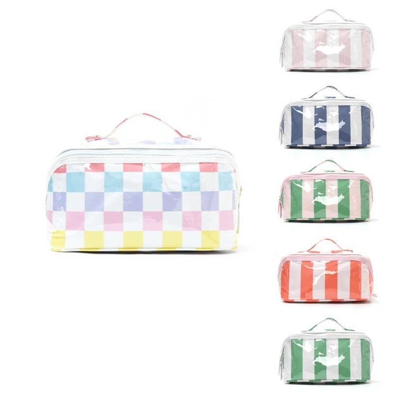 CHECKER STRIPED  OPEN FLAT COSMETIC MAKEUP POUCH | 40P610