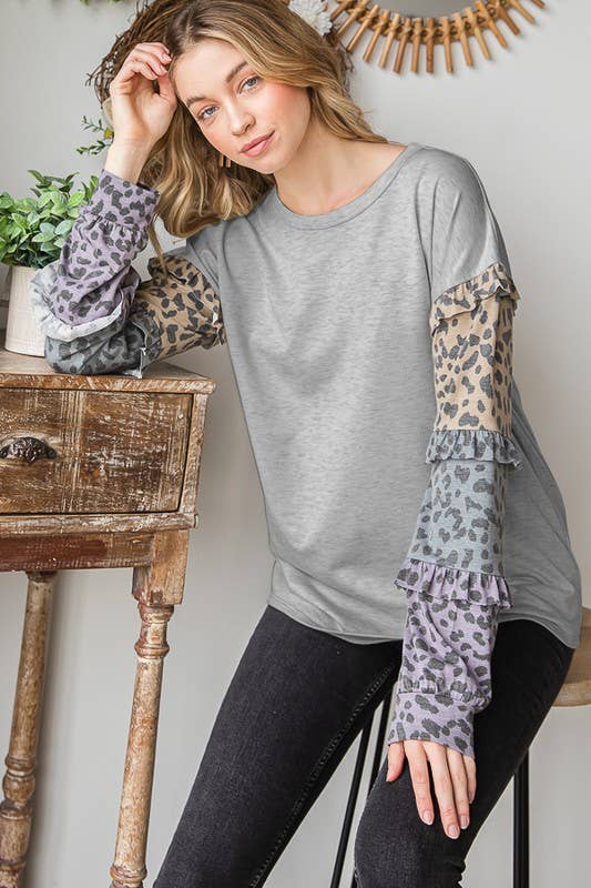 ET6877-10  SOLID COLOR BLOCK AND ANIMAL TOP WITH RUFFLED: OATMEAL / 2-2-2 (S-M-L)