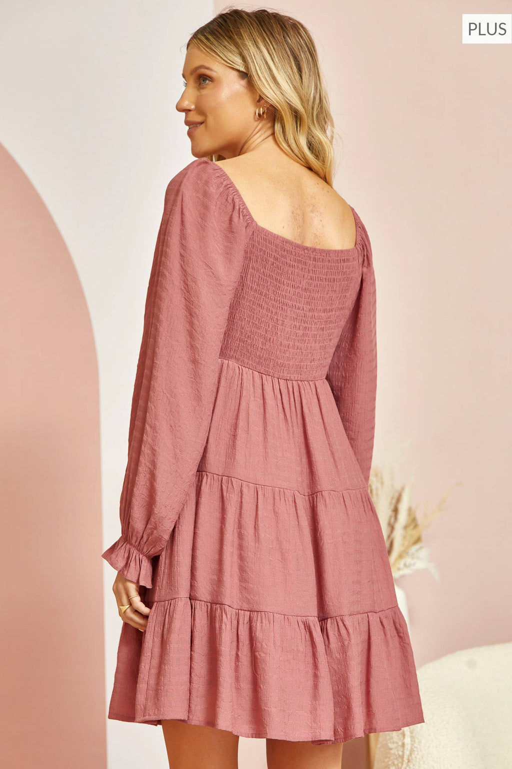 PLUS SIZE Tiered Fit and Flare Mini Dress P94770: MAUVE / 1X