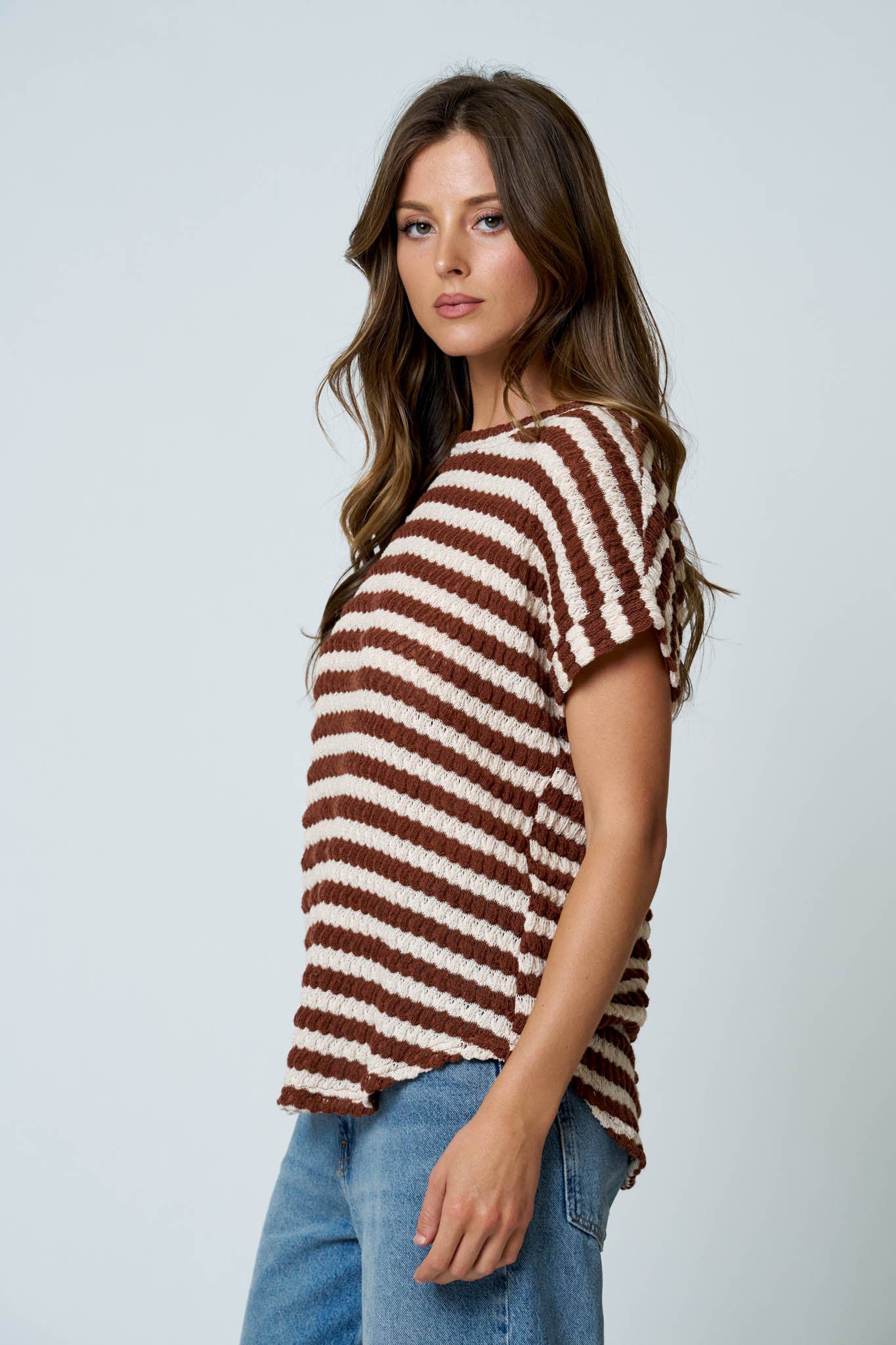 TEXTURED STRIPE ROUND NECK DOLMAN SLEEVE KNIT TOP