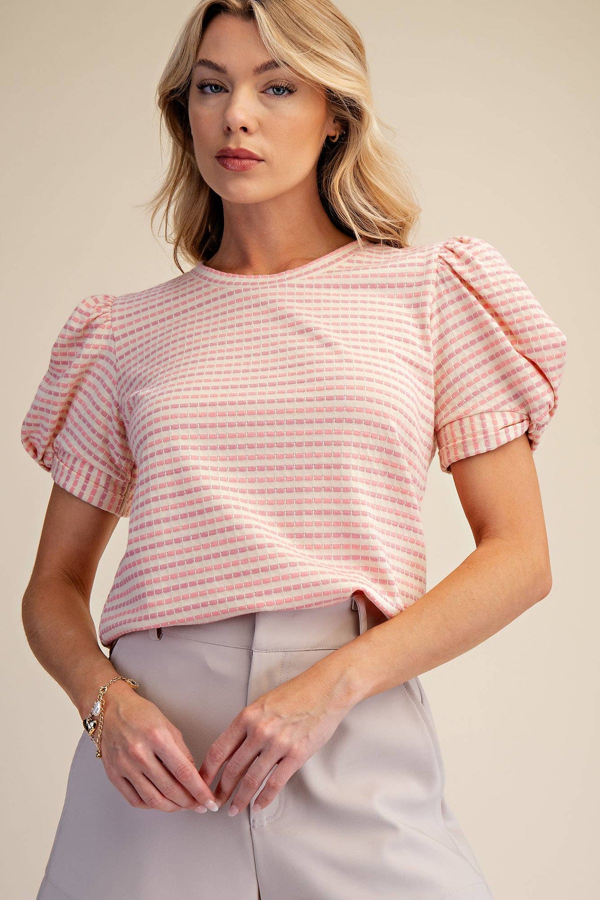 Round Neck Puff Sleeve Stripe Top