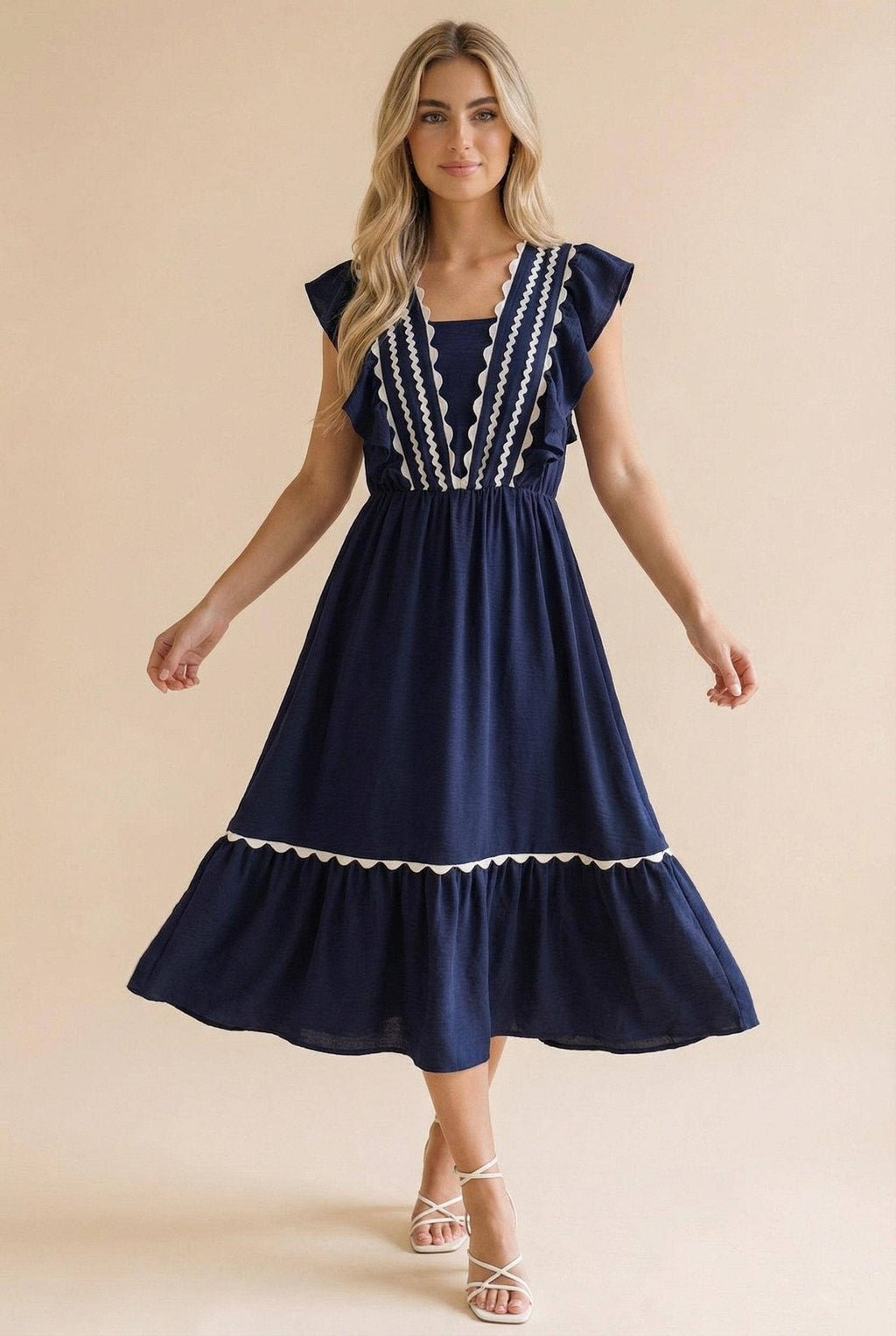 Plus Ric Rac Ruffle Short Sleeve Midi Woven Dress