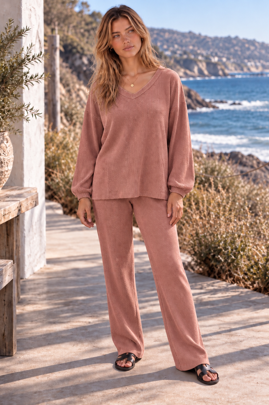 2-Piece V-Neck Long Sleeve Top + Relaxed Pants
