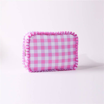 RUFFLE CHECKER STRIPE COSMETIC TRAVEL POUCH BAG | 40P608