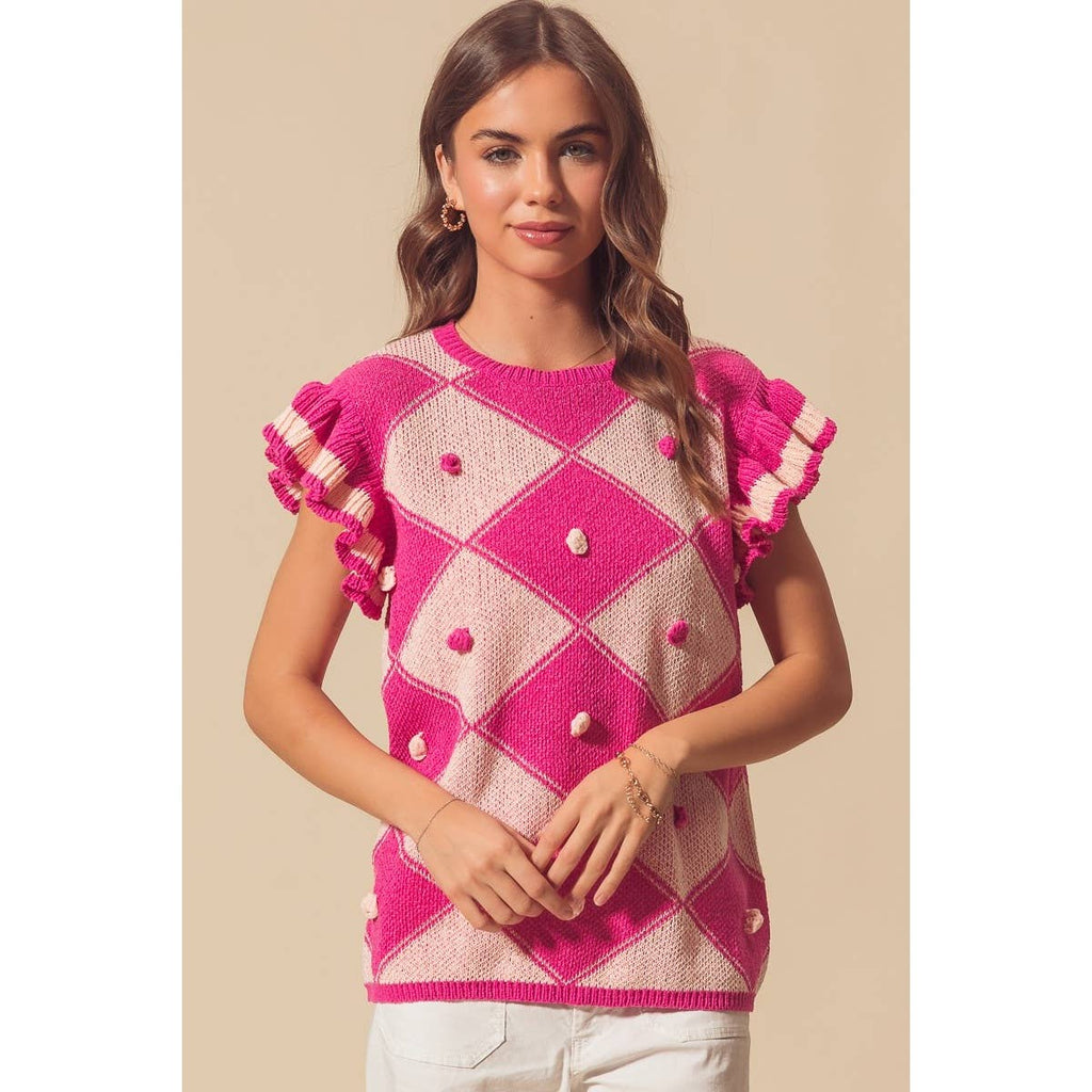 ARGYLE PATTER SWEATER TOP WITH RUFFLED SLEEVES