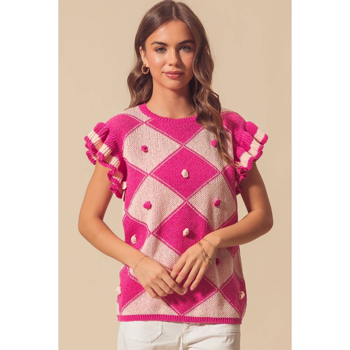 ARGYLE PATTER SWEATER TOP WITH RUFFLED SLEEVES