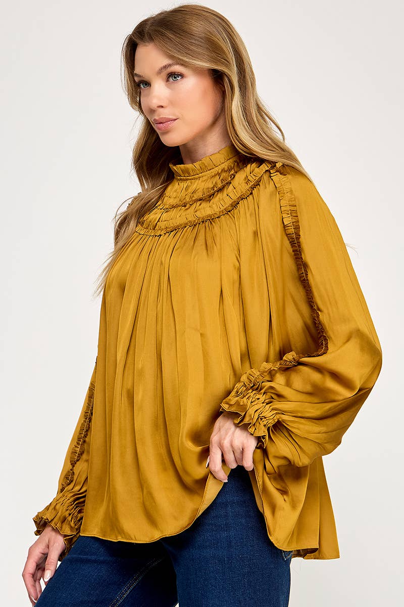 IT3477 - RUFFLED LONG SLEEVES SATIN TOP