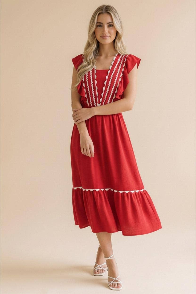 Ric Rac Ruffle Short Sleeve Midi Woven Dress