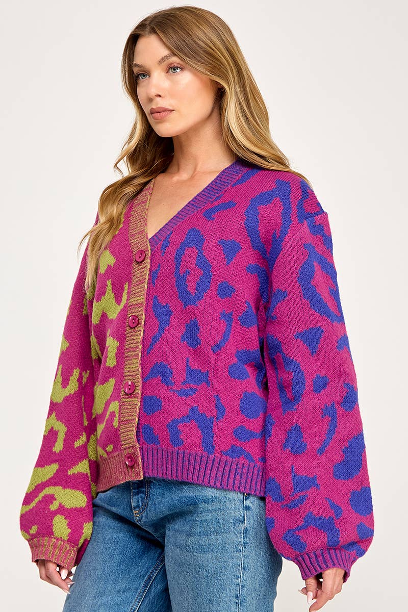 IJ1101 - LEOPARD COLOR BLOCK BUTTON DOWN SWEATER CARDIGAN