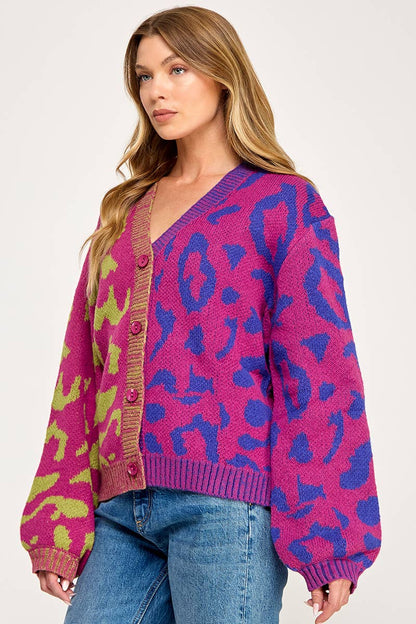 IJ1101 - LEOPARD COLOR BLOCK BUTTON DOWN SWEATER CARDIGAN