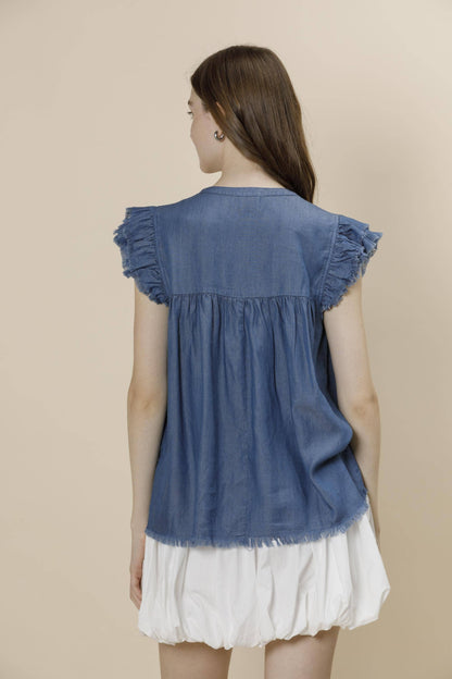 Pre-Washed Tencel Denim Frayed Ruffle Cap Sleeve Top