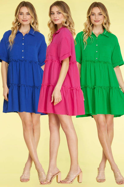 HALF SLEEVE BUTTON DOWN COLLARED TIERED GAUZE DRESS