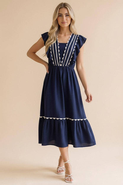 Ric Rac Ruffle Short Sleeve Midi Woven Dress