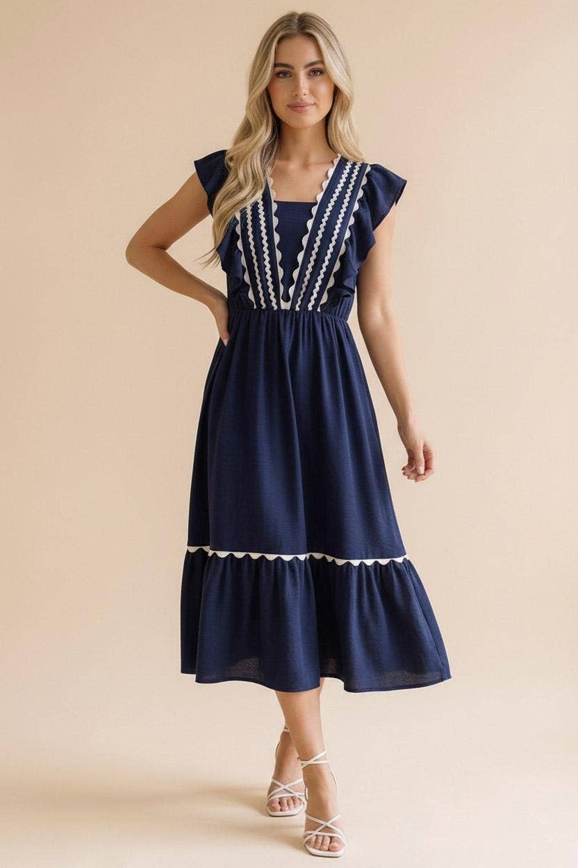 Plus Ric Rac Ruffle Short Sleeve Midi Woven Dress