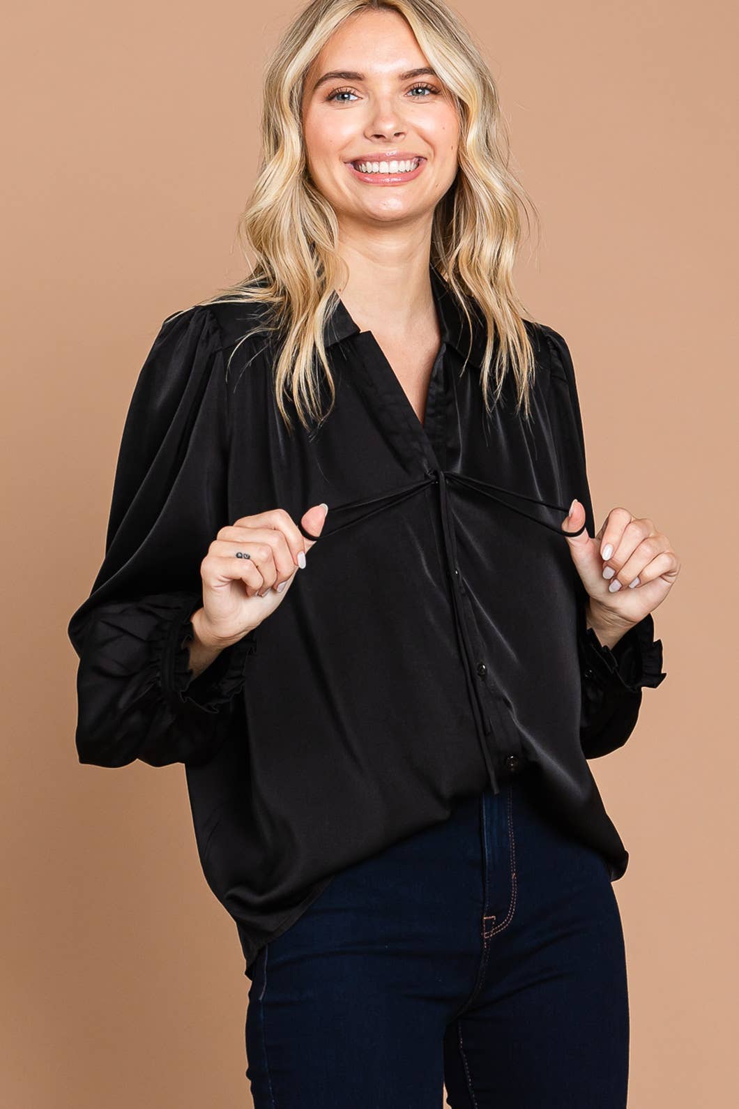 64669W-Soft Satin Button Down Front Shirts