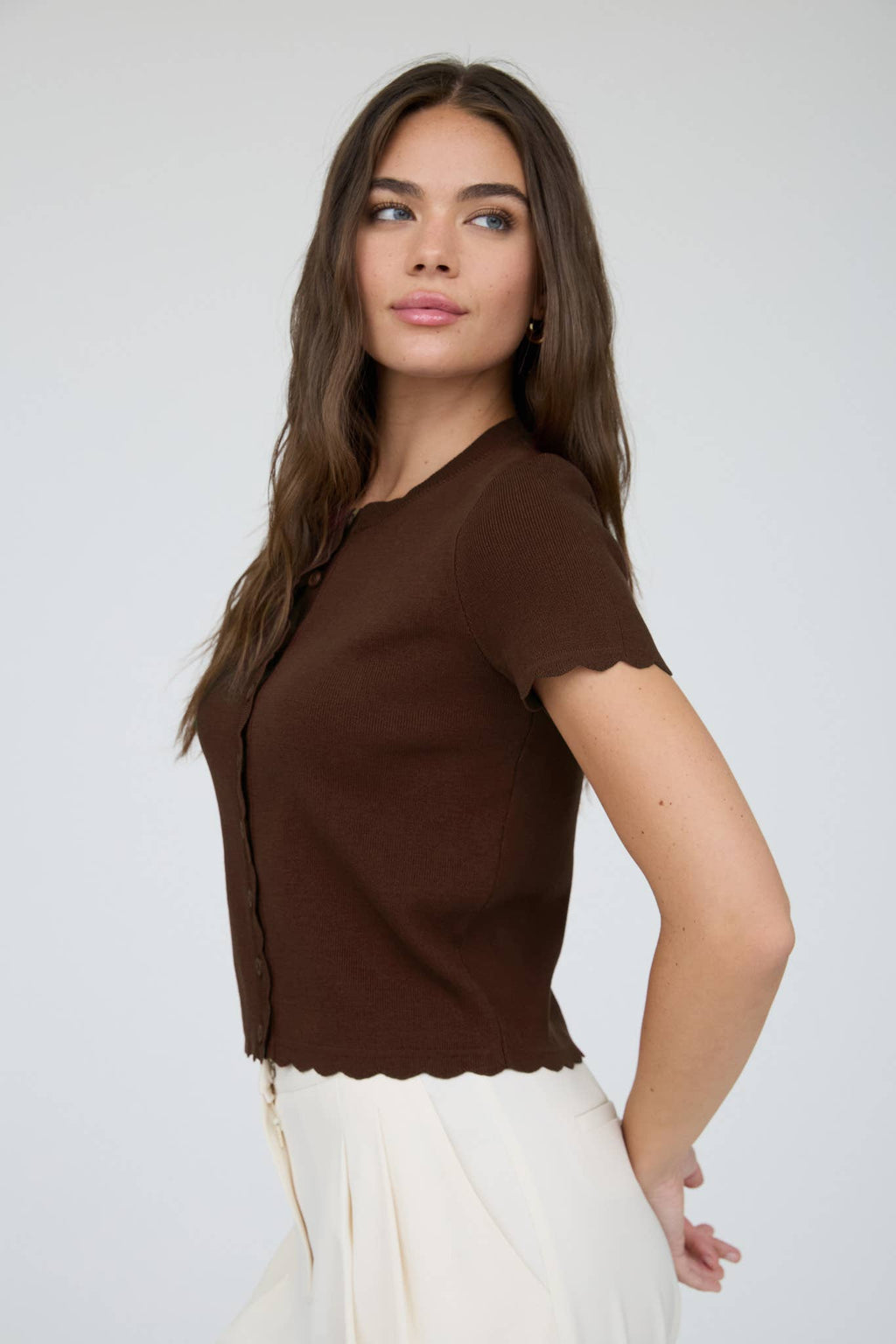 SCALLOPED SHORT SLEEVE BUTTON DOWN KNIT CARDIGAN